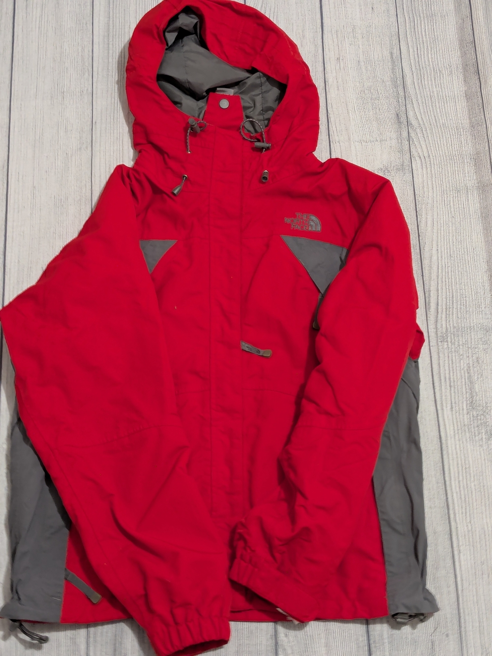 The North Face Red and Gray Hooded Puffer Coat